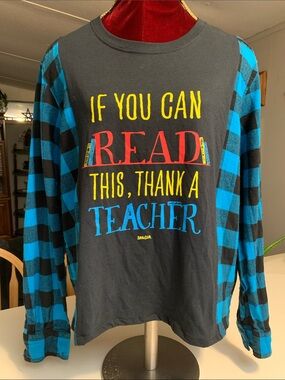 Upcycled Grsphic Tee with Blue & Black Plaid Sleeves -